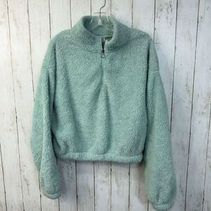SO Women's Teal Faux Sherpa Teddy Zip Jacket Cozy Cropped Fit Size XL